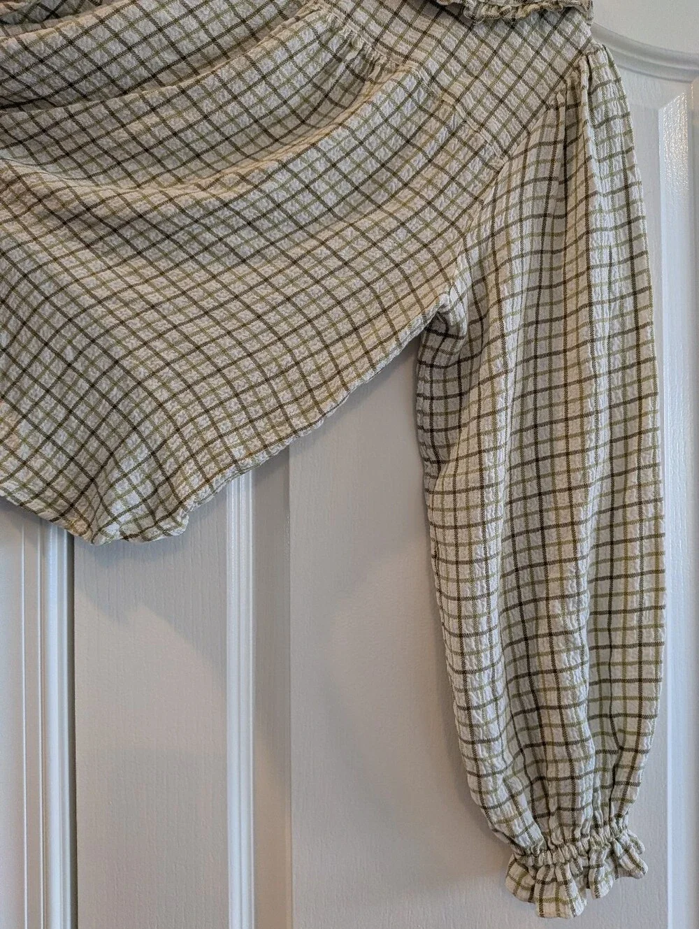 Anthropologie Pilcro Keira Peter Pan Collar Blouse Green Plaid Lone Sleeve Sz S